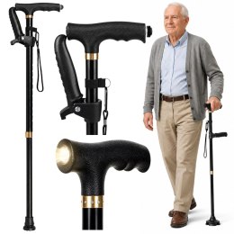 Laska Składana Regulowana Z Latarką LED Dla Seniora Czarna 80-100 cm