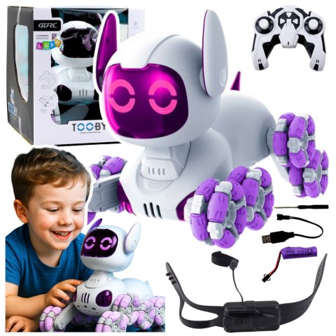 Robot Pies TOOBY Zdalnie Sterowany RC 360° Światła Dźwięki Biało-Fioletowy