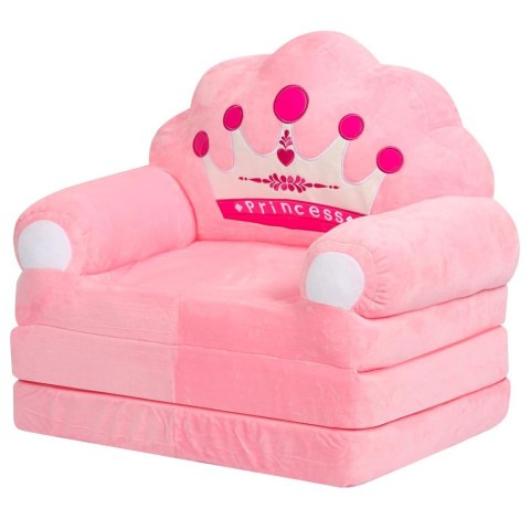 Rozkładany Fotel Sofa Leżanka z Koroną 2W1 Dla Dzieci Miękki Różowy