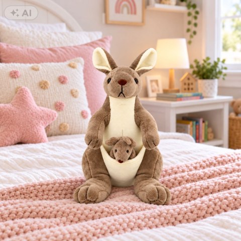 Pluszowa Maskotka Kangurzyca Przytulanka Kangur z Małym Beżowy 25 cm