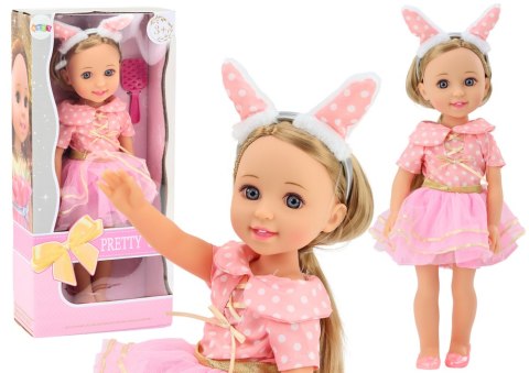 Lalka Różowa Sukienka Długie Włosy Opaska Szczotka 38cm