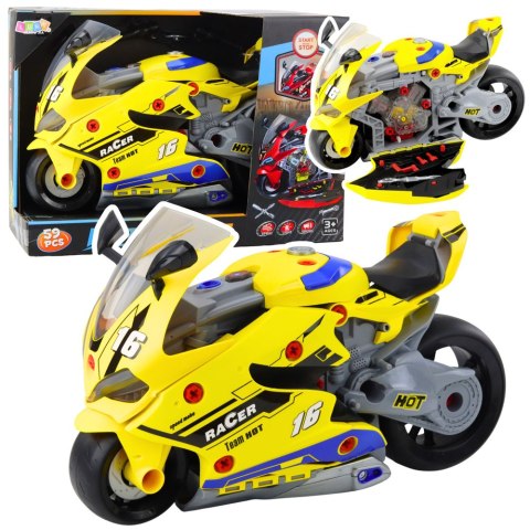Motocykl Do Rozkręcania 2w1 DIY Warsztat Światła Dźwięki Dym Żółty 43cm